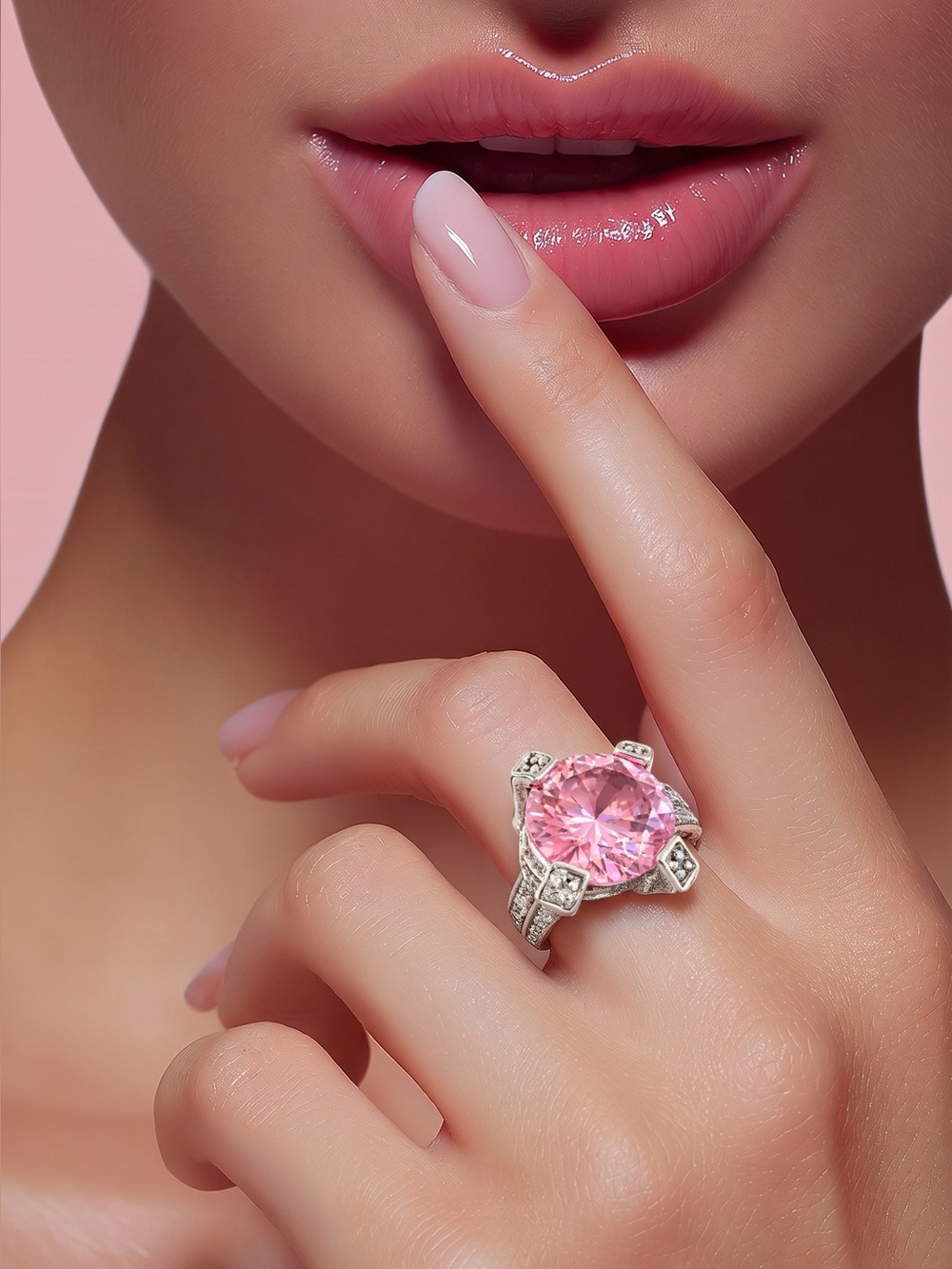 Pink Sapphire Solitaire 8kt  Ring, 14k White Gold with Natural Small Diamonds